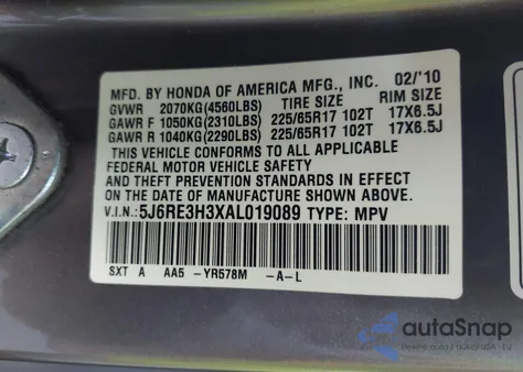 2010 Honda Cr-V Lx from USA, damaged, VIN 5J6RE3H3XAL019089